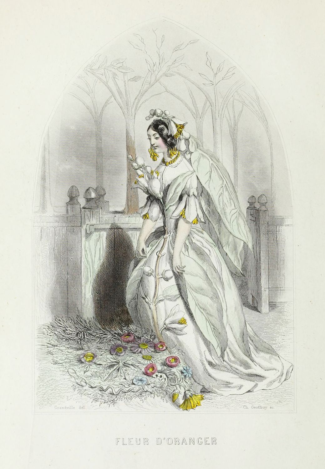 A black and white engraving titled 'Fleur D'Oranger' depicting a woman in a long dress and veil seated on a stone bench surrounded by flowers and trees.