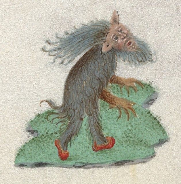 A watercolor illustration of a tall, furry creature with a long face and red shoes standing on a patch of green grass.