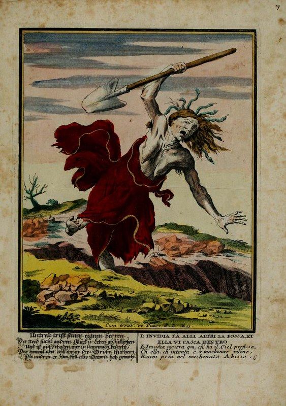 A hand-colored engraving of a gaunt man raising a pickaxe in a rocky landscape.