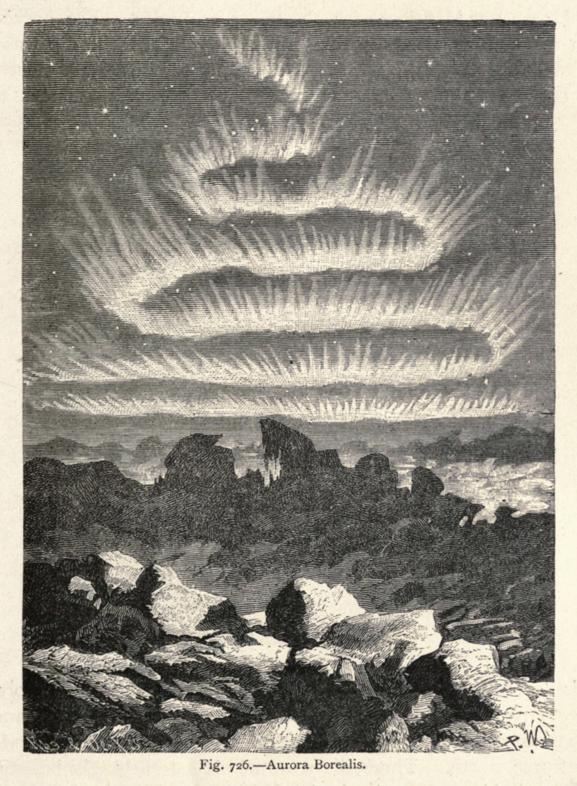Vintage engraving of the Aurora Borealis over a mountainous landscape.