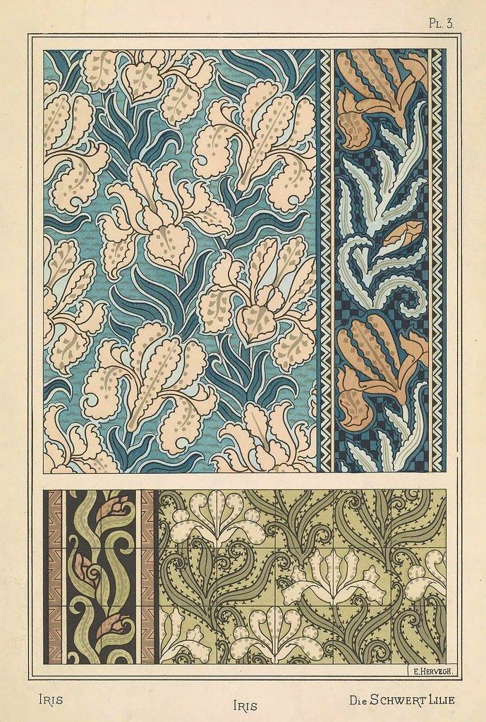 A plate from a book or catalog showcasing floral patterns, likely for wallpaper or textiles. The plate is divided into four rectangular sections, each displaying a different design.