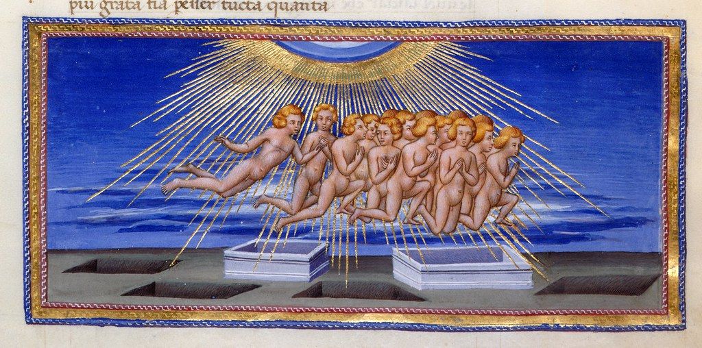 Medieval manuscript illumination of angels levitating in a blue sky with golden light rays and white platforms below.