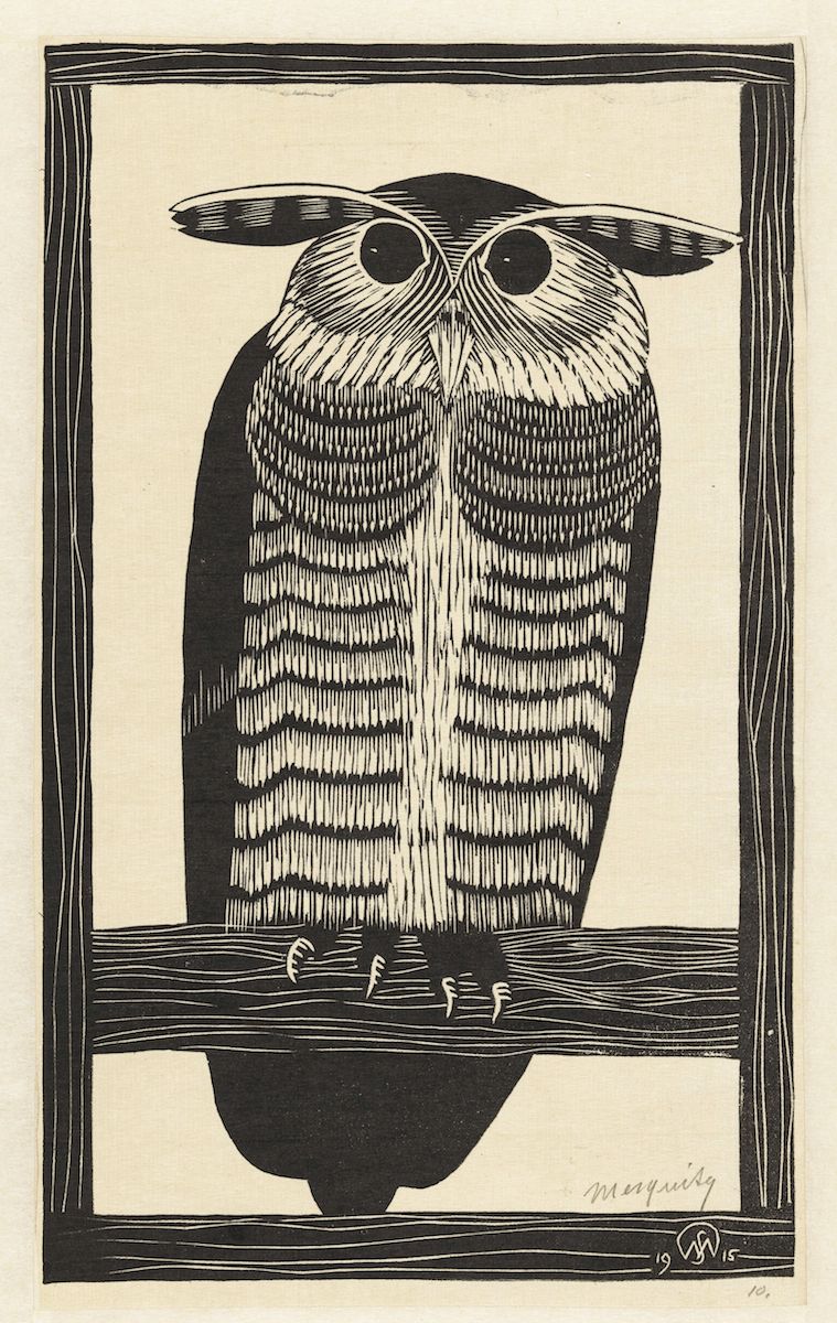 A black and white woodcut print of an owl perched on a branch, signed 'Mosquito 1915'.