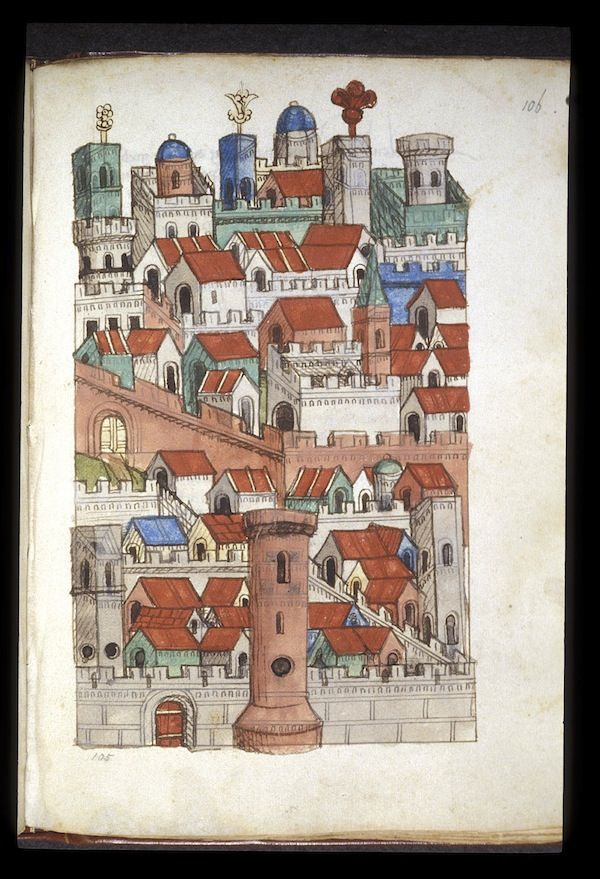 Medieval illustration of a densely packed city with red roofs, blue domes, and stone walls, appearing as a page from a book.