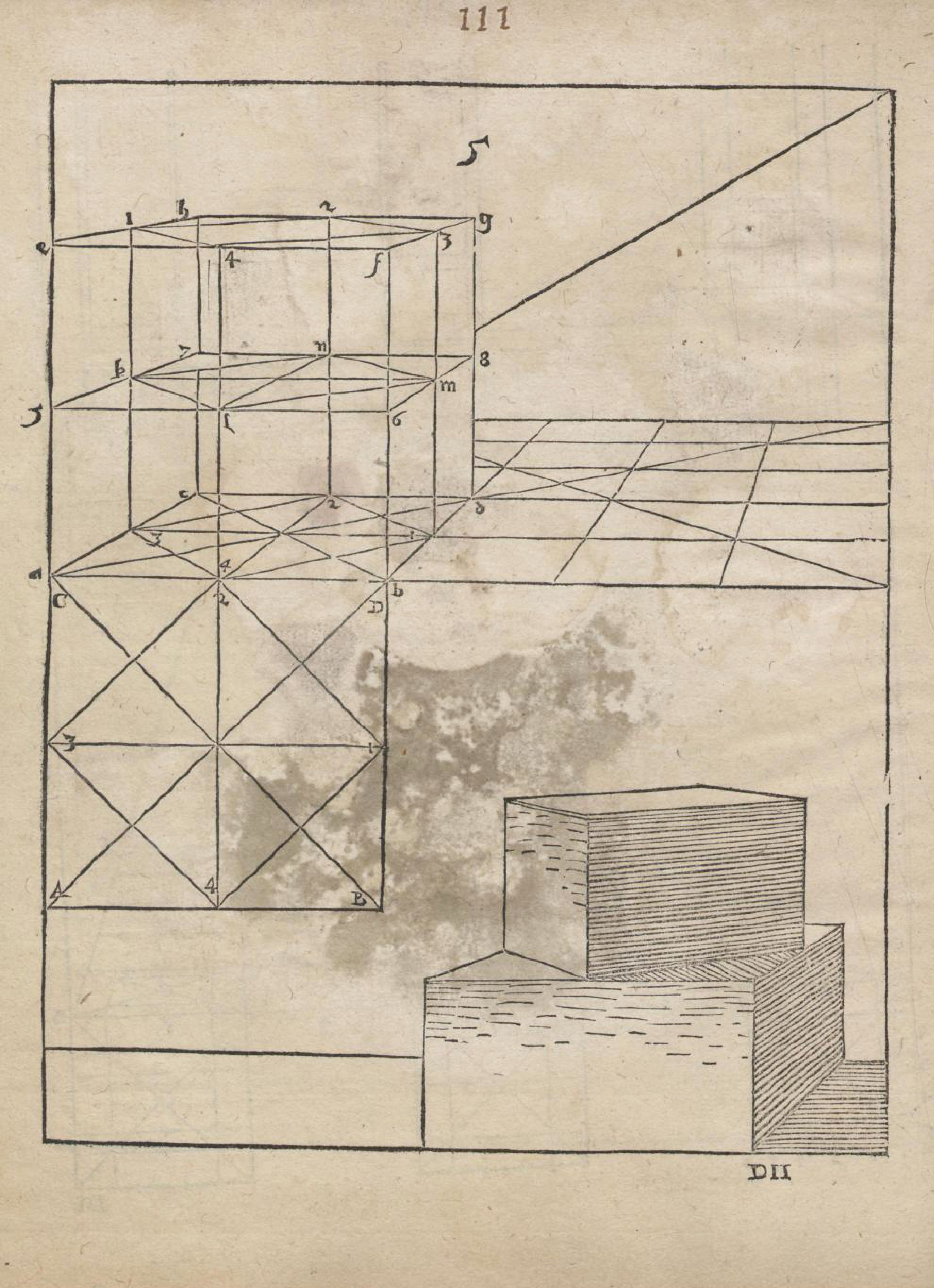 Old book page with geometric diagram and stacked cubes.