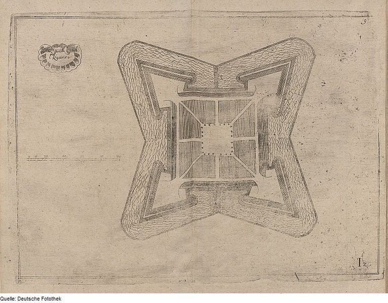 Vintage drawing of a star-shaped fort with detailed interior layout.