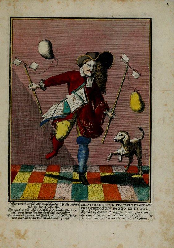 A vintage illustration of a man in historical clothing with a dog and floating books.