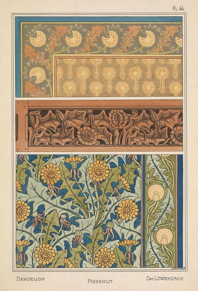 A plate from a book showcasing four different dandelion-inspired patterns. The top band features stylized dandelion seed heads, the second band shows simplified seed heads, the third band presents a decorative floral border, and the bottom band displays a dense pattern of dandelion flowers and leaves.