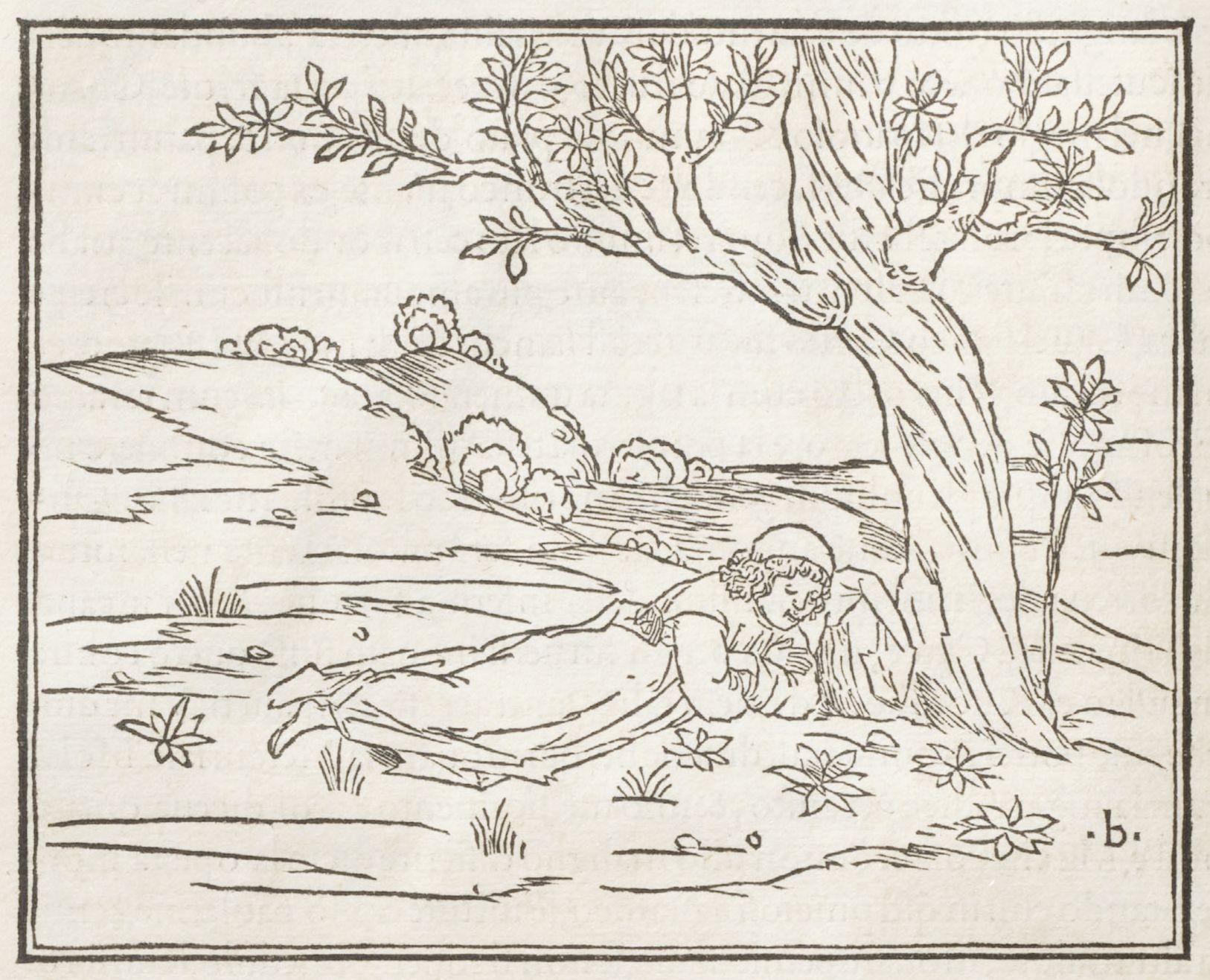 A black and white woodcut illustration of a person resting under a tree in a grassy landscape.