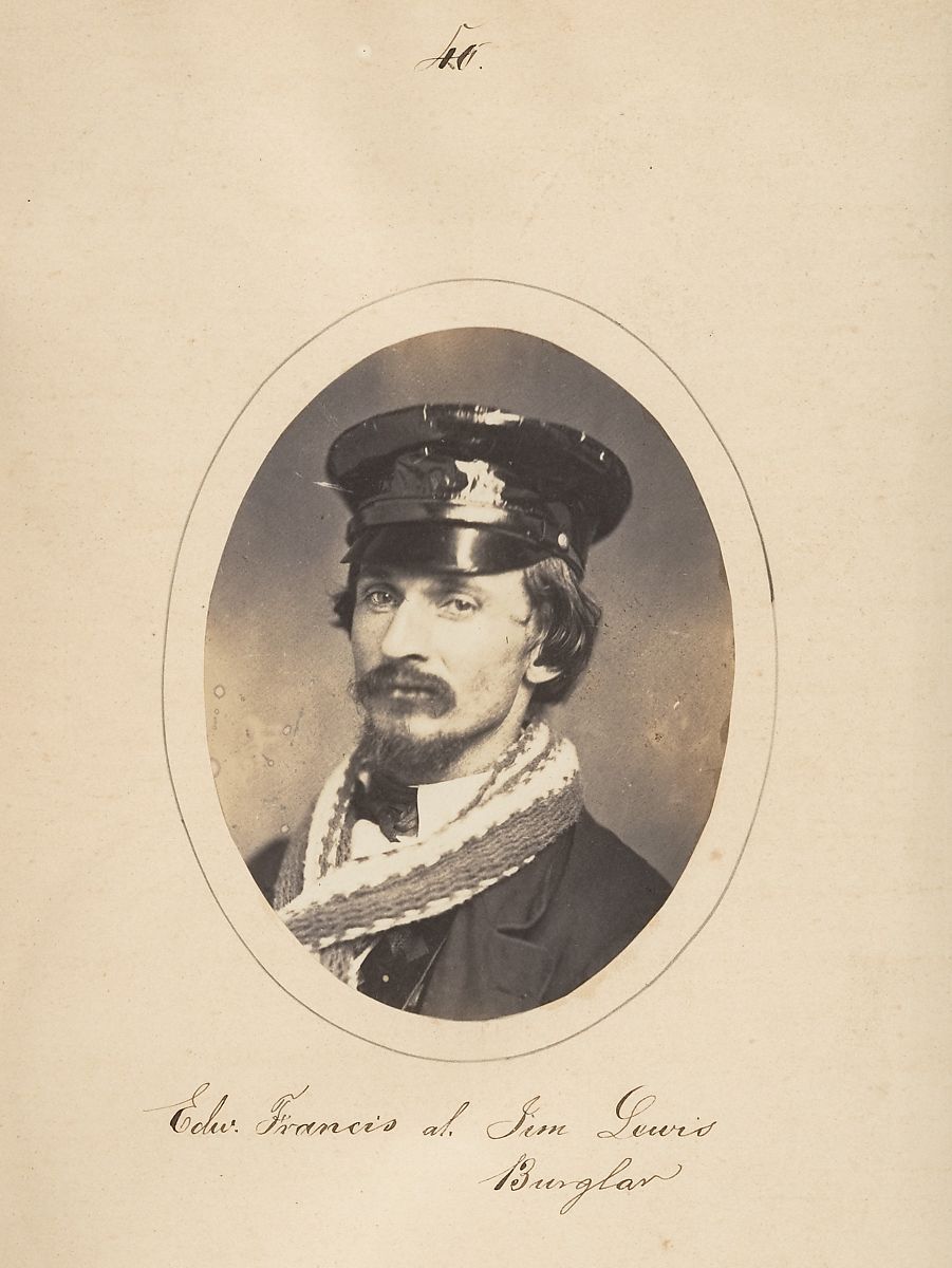 A sepia-toned portrait of a man in a cap and scarf, labeled 'Edw. Francis als. Sir Lewis Burglar'.