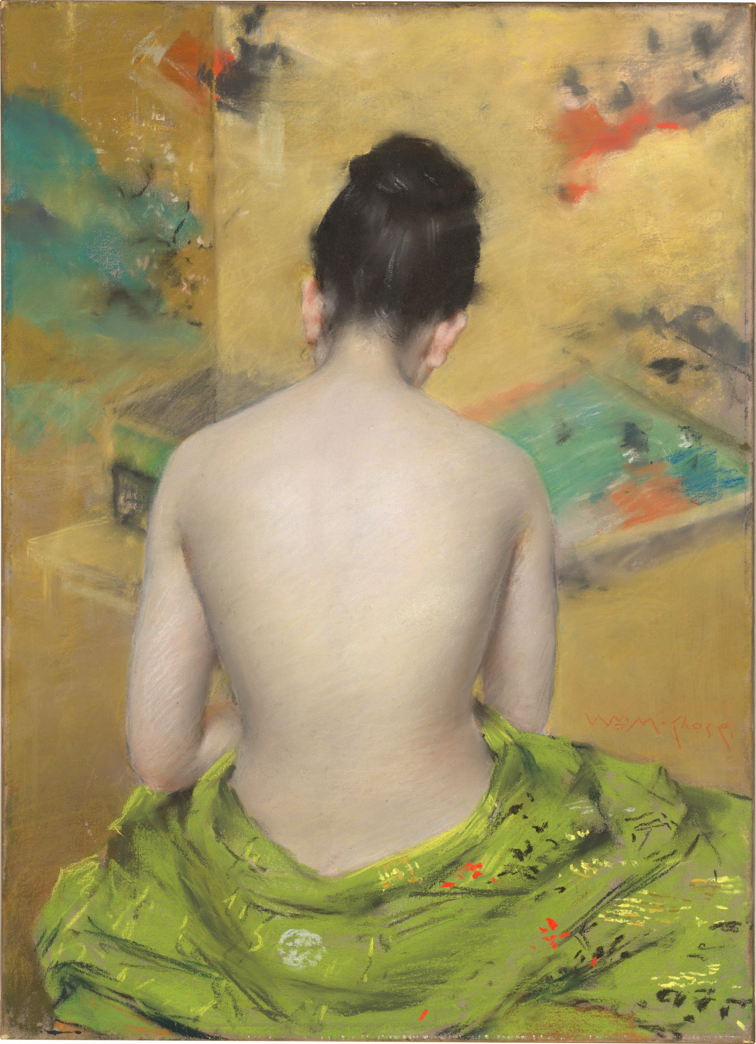 A painting of a woman's back, draped in a green cloth, with an impressionistic background.
