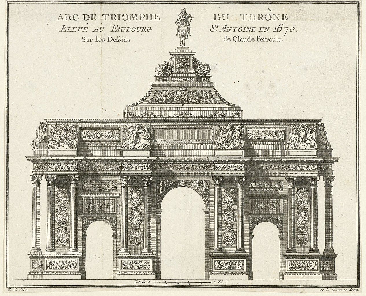 A detailed black and white line drawing of a triumphal arch, labeled with the text "ARC DE TRIOMPHE ELEVE AU EAUBOURG SUR LES DELSINS" and "DU THRONE ST. ANTOINE EN 1670. de Claude Perrault."