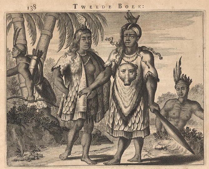 A black and white engraving depicting two indigenous men, one holding a severed head, in a tropical setting with other figures and palm trees.