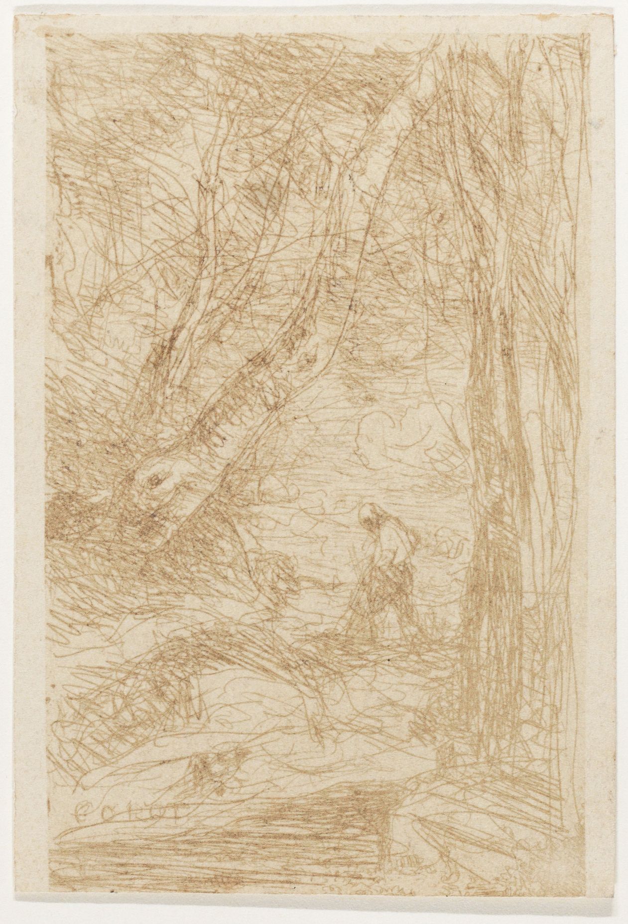 A sepia-toned drawing of a landscape with trees and a person.