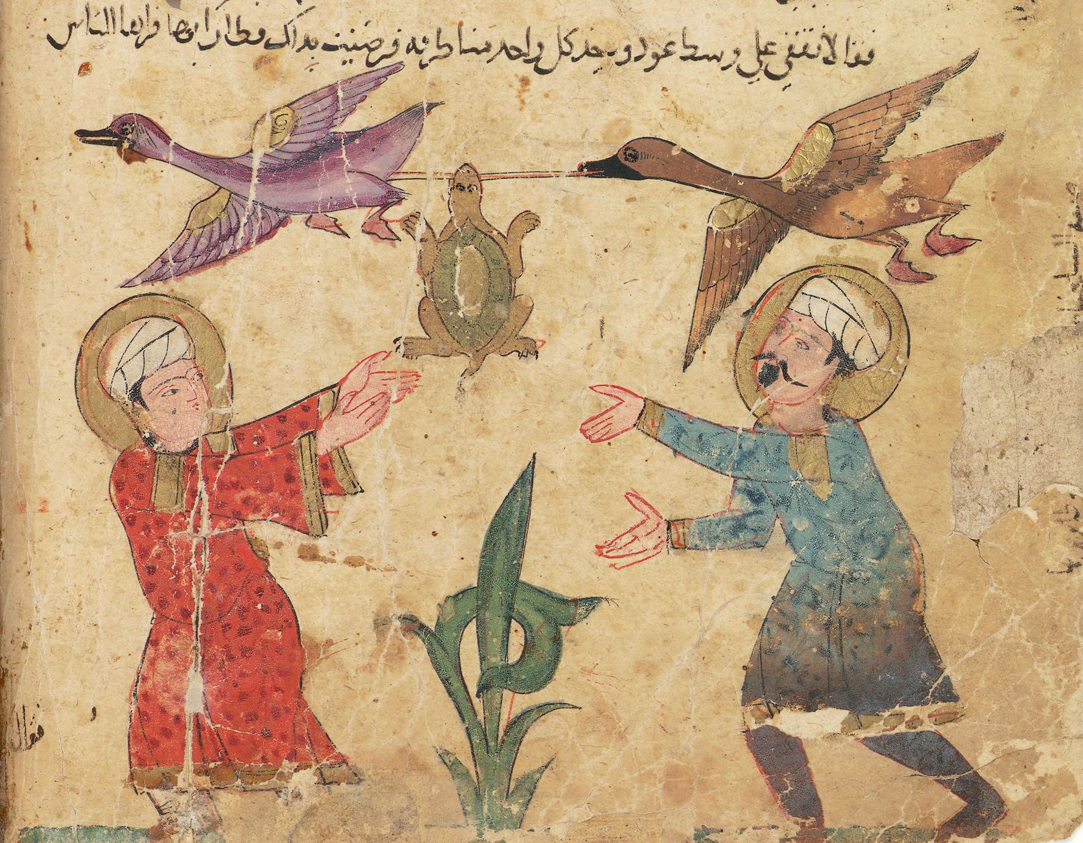 Medieval manuscript illustration of two haloed figures reaching for a turtle held aloft by two geese.