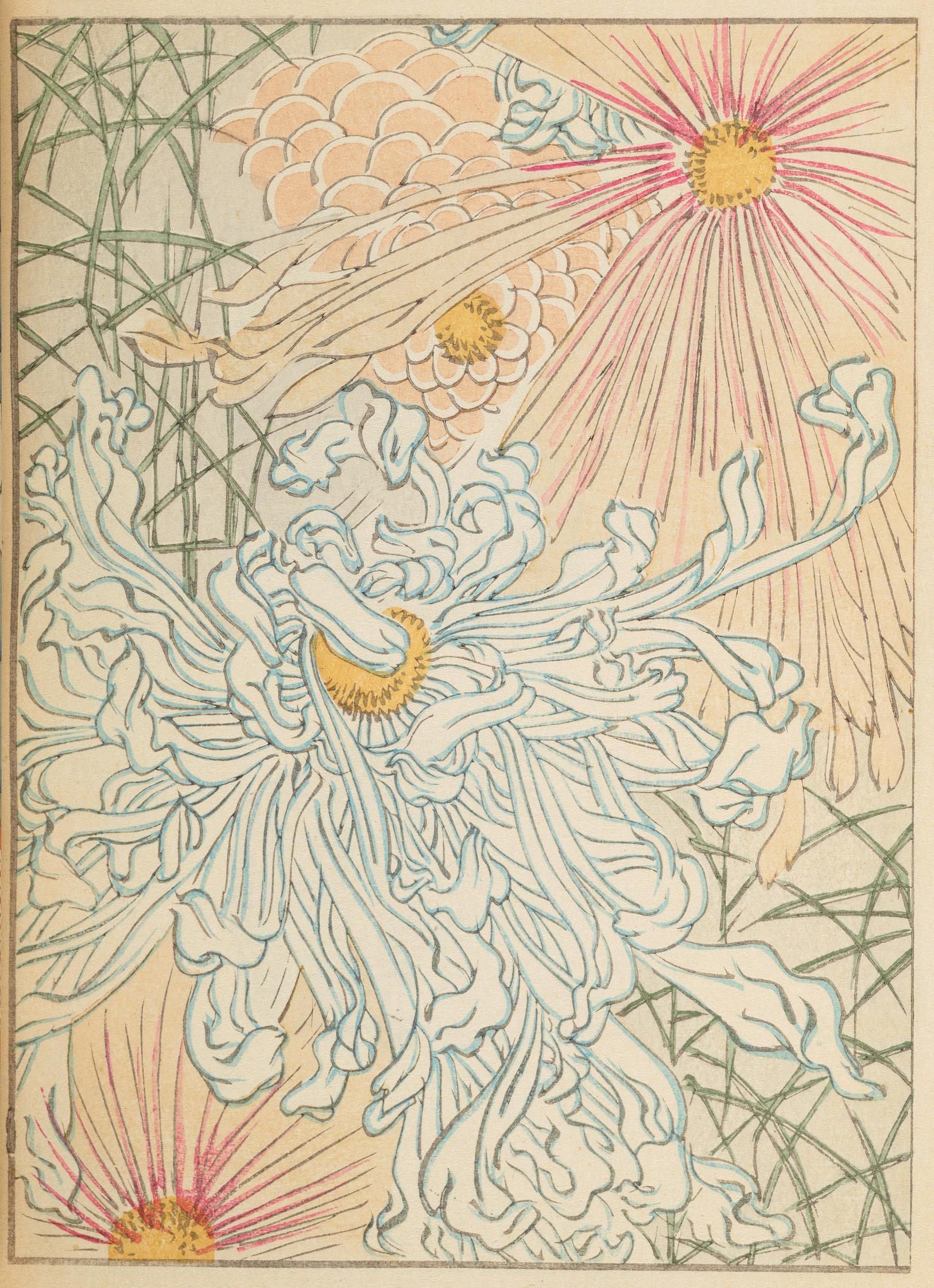 Vintage illustration of a chrysanthemum flower with flowing petals in blue and beige, surrounded by radiant bursts of pink and golden yellow, on a beige background with a subtle grid pattern.