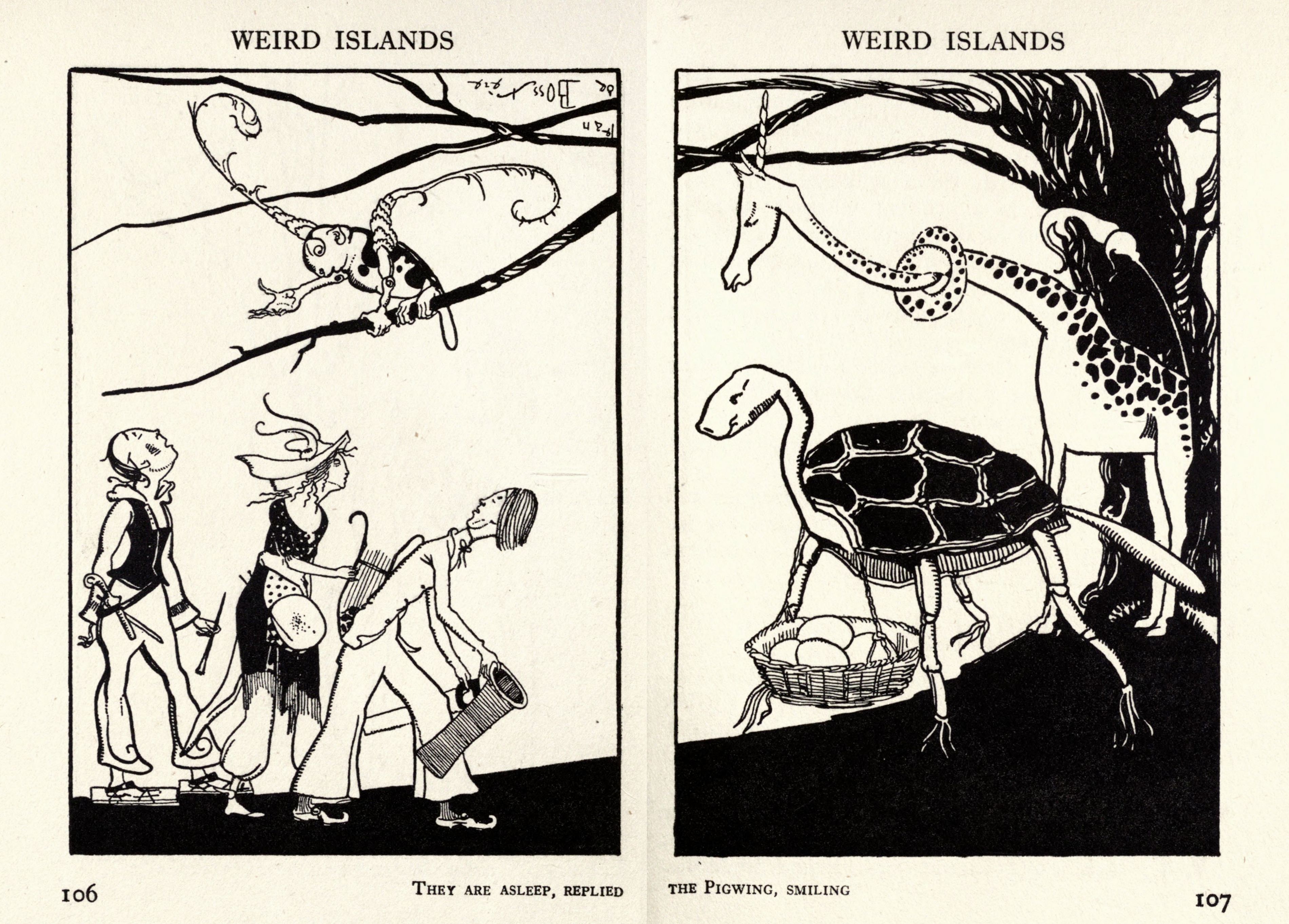 Two panels depicting surreal scenes on 'Weird Islands'. Panel 106 shows three figures with a flying creature. Panel 107 shows a turtle carrying a long-necked creature and a giraffe in the background.