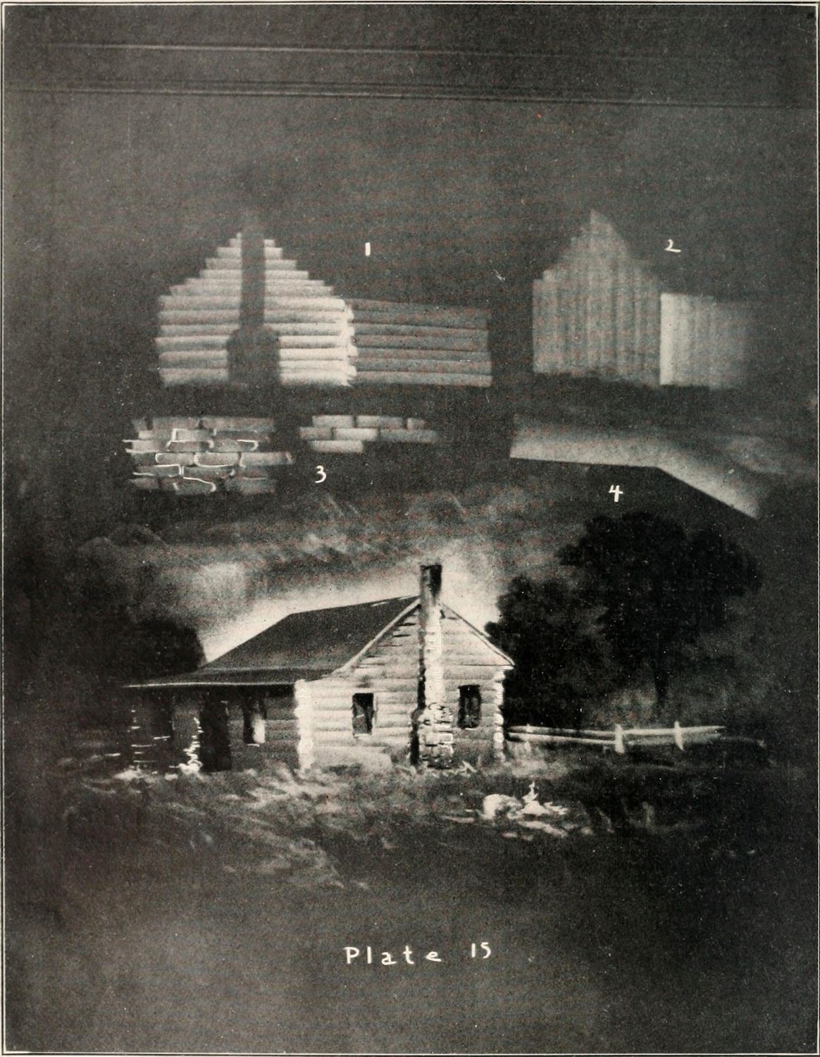 A vintage black and white illustration of a burning log cabin with schematic roof diagrams above it.