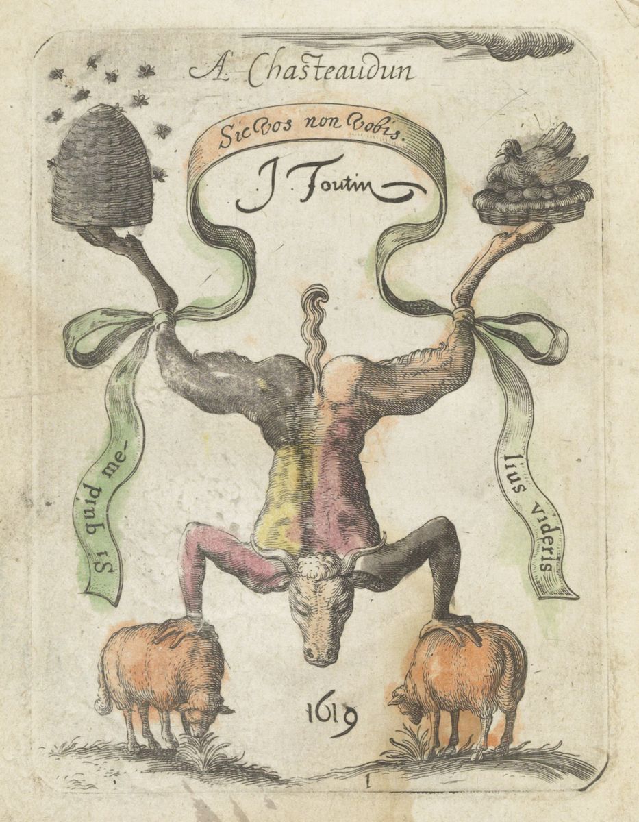 An antique illustration of a bull-headed humanoid figure suspended upside down, holding flails, with three small animals below. Text and banners surround the figure.