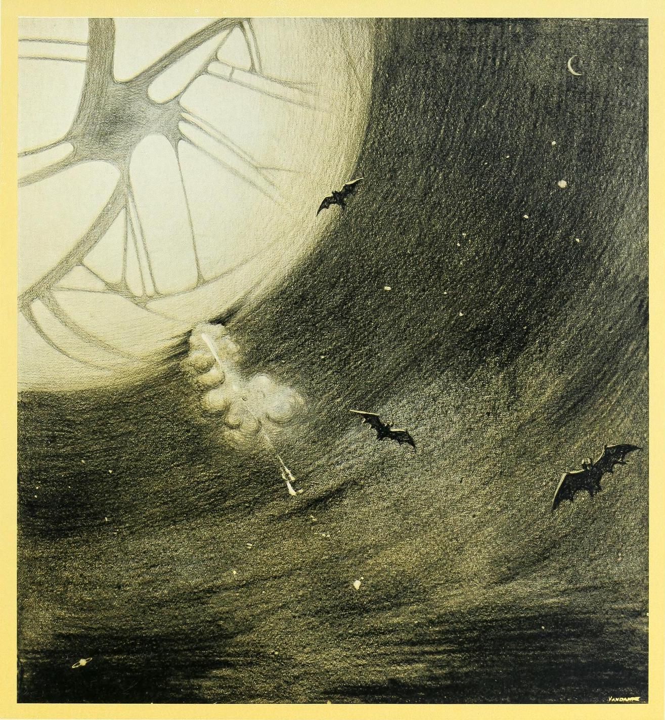 Vintage illustration of a stormy night with bats, a full moon, and a lightning strike.