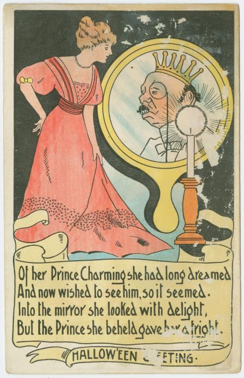 Vintage Halloween card with a woman looking into a mirror that reflects a grotesque prince.