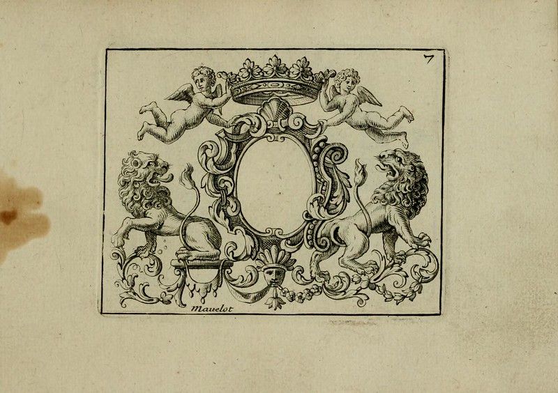 A black and white illustration of a crest with lions, angels, and ornate scrollwork, on an aged page.