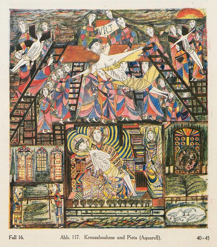 A watercolor painting depicting a complex religious scene, combining elements of the Crucifixion and the Pietà.