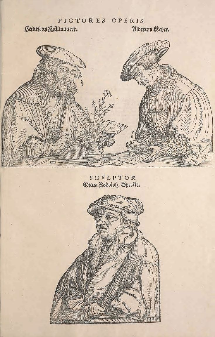 A black and white engraving featuring three portraits of men, arranged in two sections. The top section shows two men in profile, facing each other, with a plant between them. The bottom section shows a single portrait of a bearded man. Text labels identify the individuals as artists and sculptors.