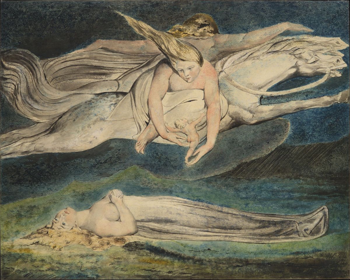 A painting by William Blake titled 'The Chimney Sweeper'. The scene is dominated by a dynamic composition of figures and a swirling, atmospheric background.