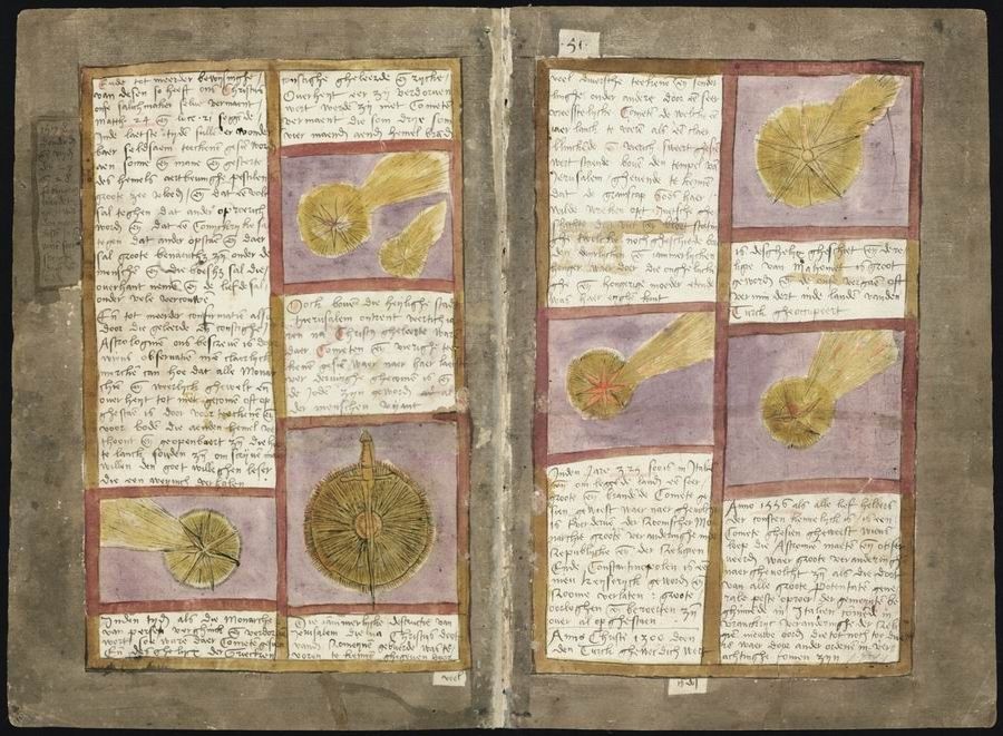An open page spread from a medieval manuscript, featuring dense gothic script and illustrations of comets.