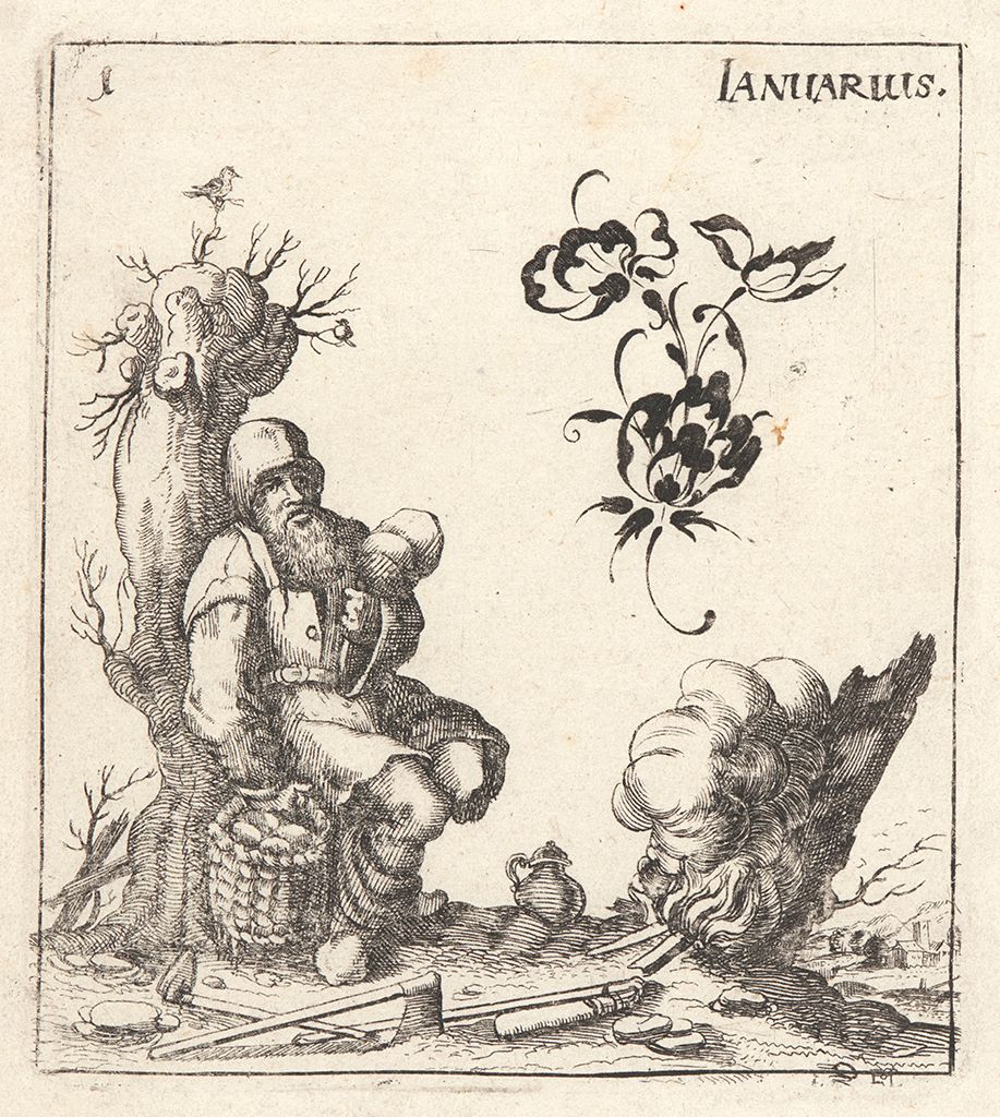A black and white engraving depicting a scene likely representing the month of January. A large, muscular figure is huddled against a bare tree, while a fire burns brightly to the right. A gun and a knife lie in the foreground.