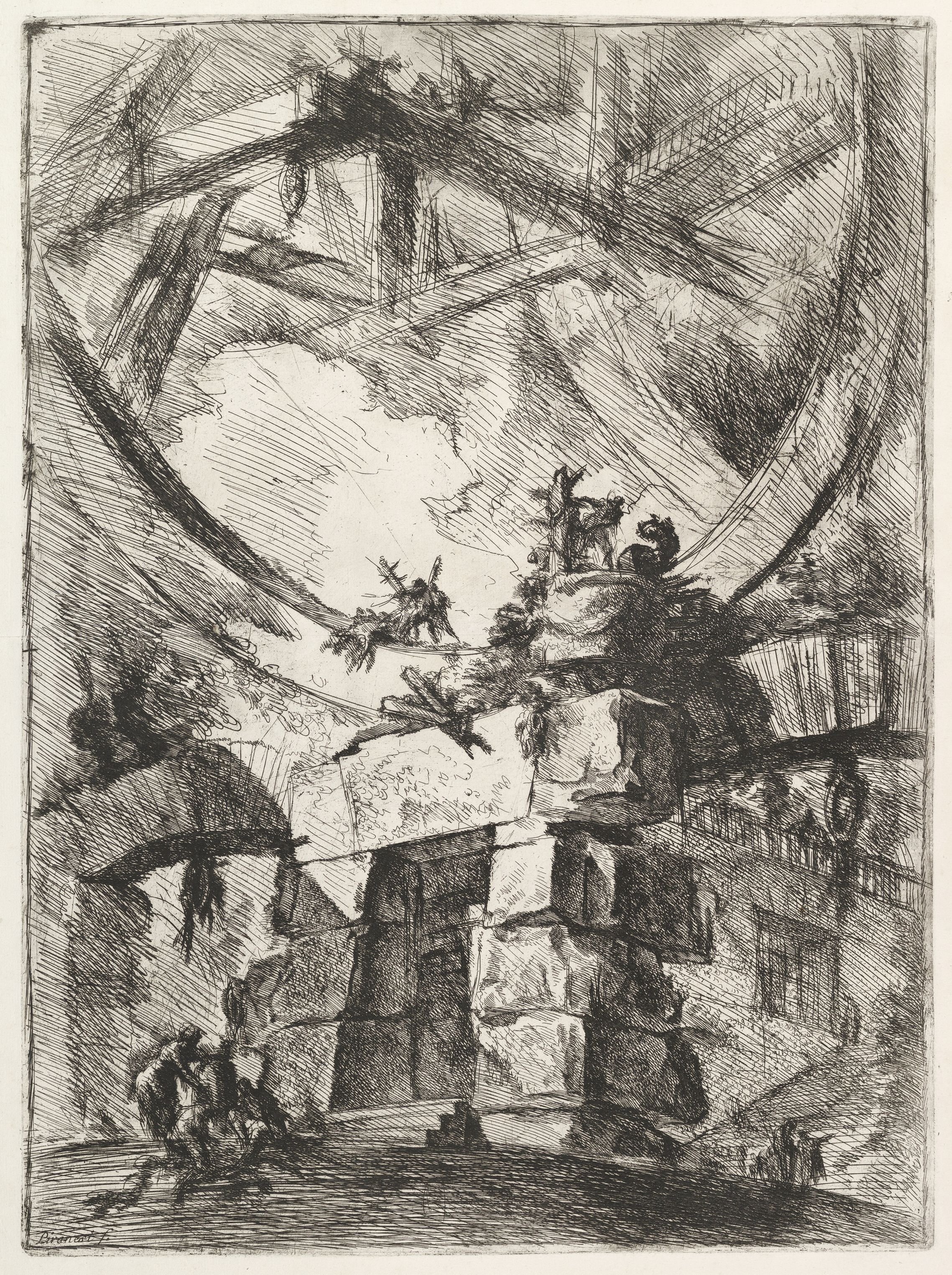 A black and white etching depicting a chaotic scene with people clustered on a crumbling archway, surrounded by dense foliage and a hazy landscape. The style is expressive and dramatic, with strong contrasts between light and shadow.