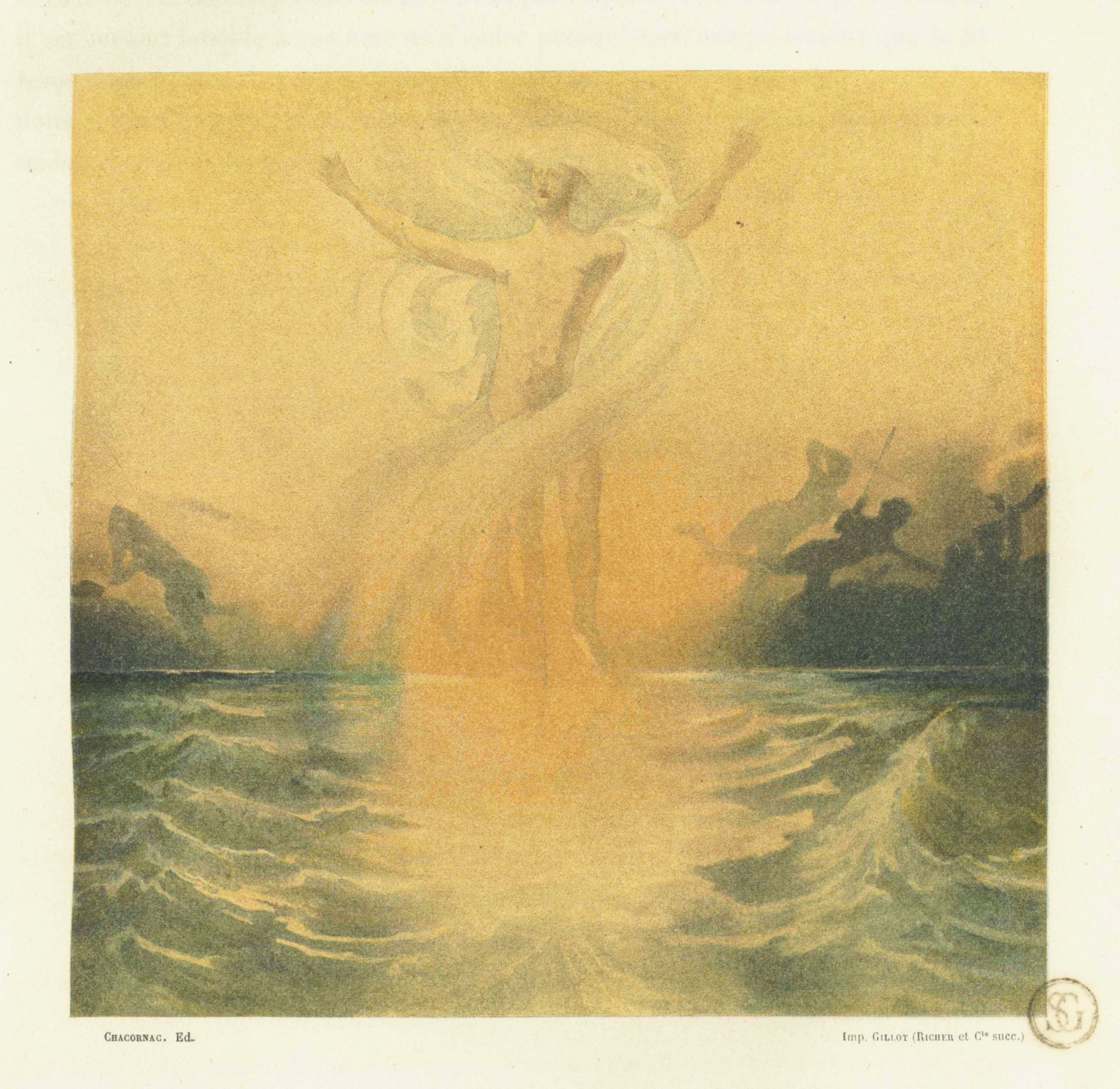 Vintage illustration of a figure rising from turbulent waters, surrounded by angels and waves.