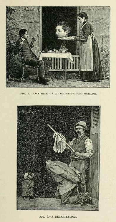 Two black and white illustrations. The top illustration depicts a man seated at a table, seemingly engaged in a conversation with a disembodied head floating in front of him. A woman stands nearby, holding a tray with what appears to be a cup and saucer. The bottom illustration depicts a man wielding a sword, about to behead a kneeling person. A small child stands nearby, observing the scene.