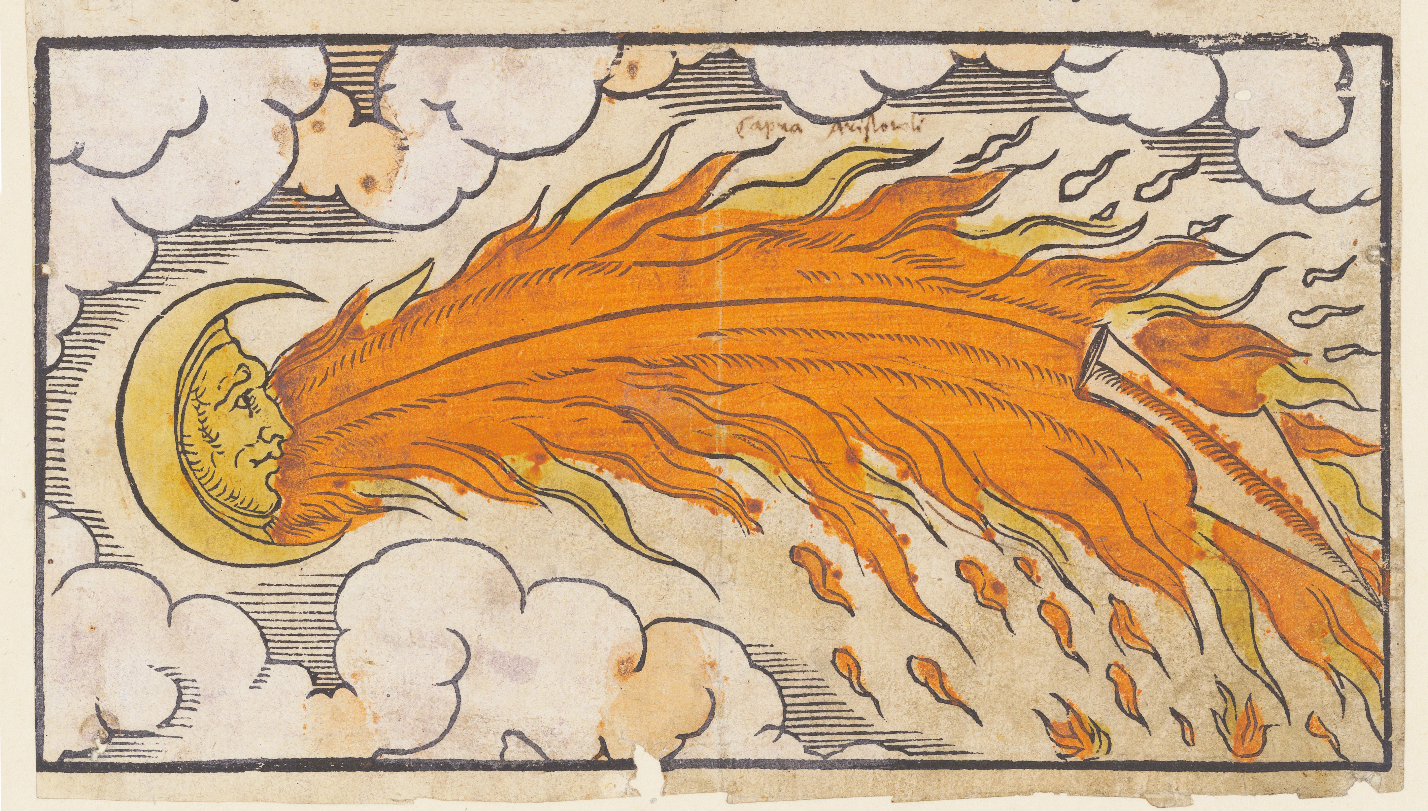 Woodcut illustration of a comet with a human face surrounded by clouds.