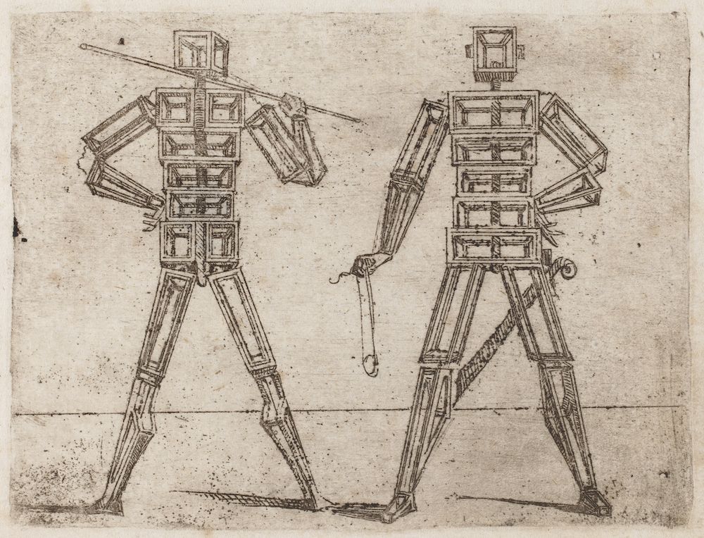 A vintage etching of two mechanical human figures, resembling early robot designs, standing side-by-side.
