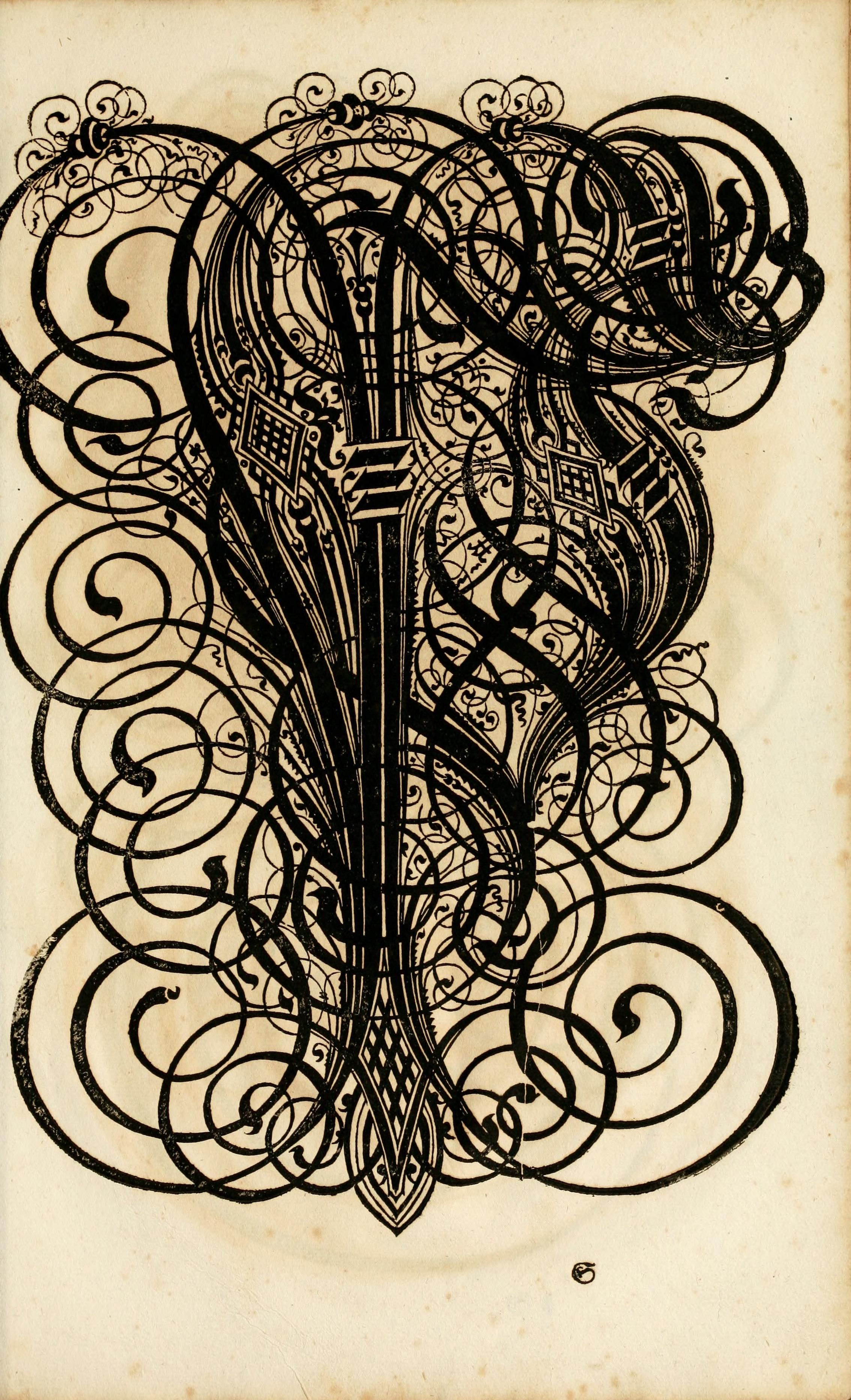 A detailed black and white illustration of an ornate, swirling design resembling a stylized tree or initial letter, with intricate patterns and flowing lines.