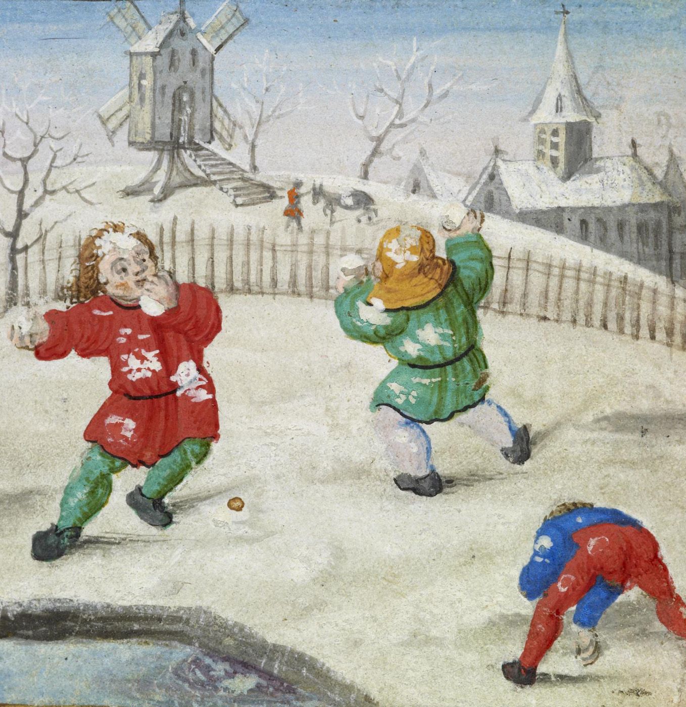 A medieval illustration of a snowball fight in a snowy village.