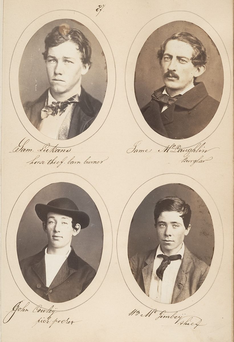 Four oval portraits of men, labeled as criminals with descriptions of their crimes.