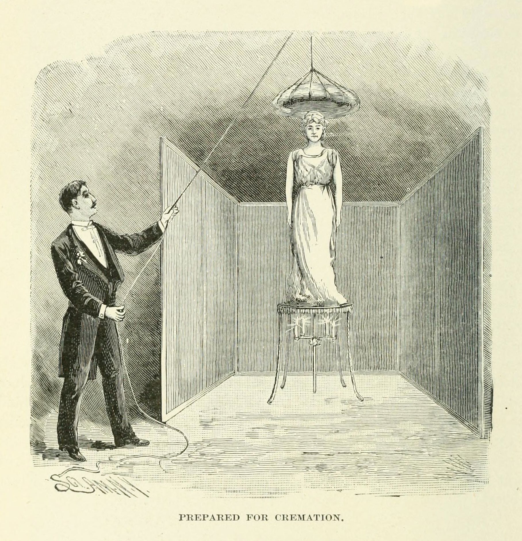 A vintage illustration titled 'Prepared for Cremation' showing a man pointing a pole at a woman suspended in the air.