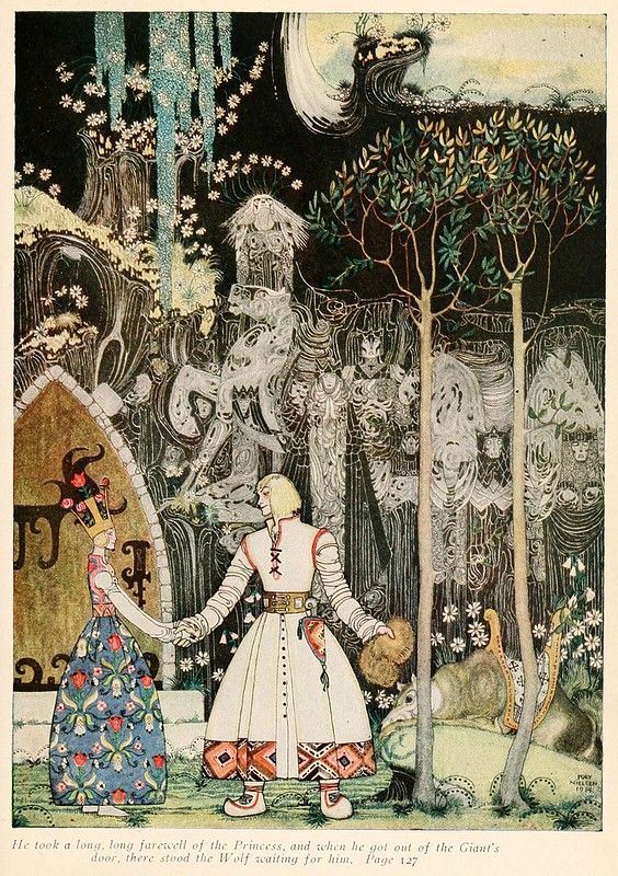 Vintage illustration of a man saying goodbye to a woman in a forest, with a wolf waiting for him.