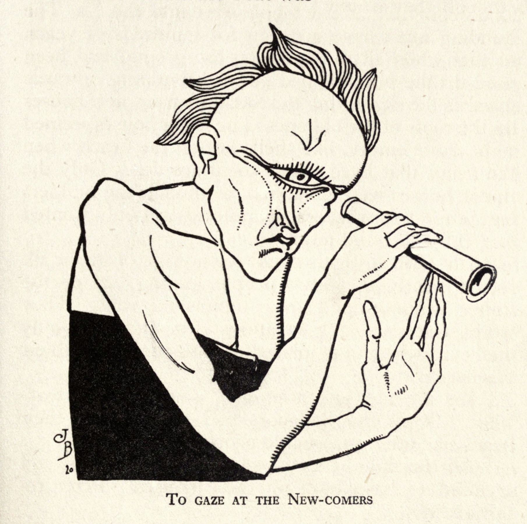 A black and white illustration of a man with a pipe, rendered in a bold, angular style.