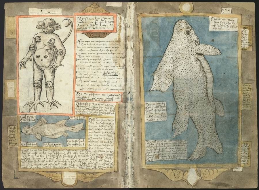 An open page from a medieval manuscript with illustrations of fantastical creatures and handwritten text.