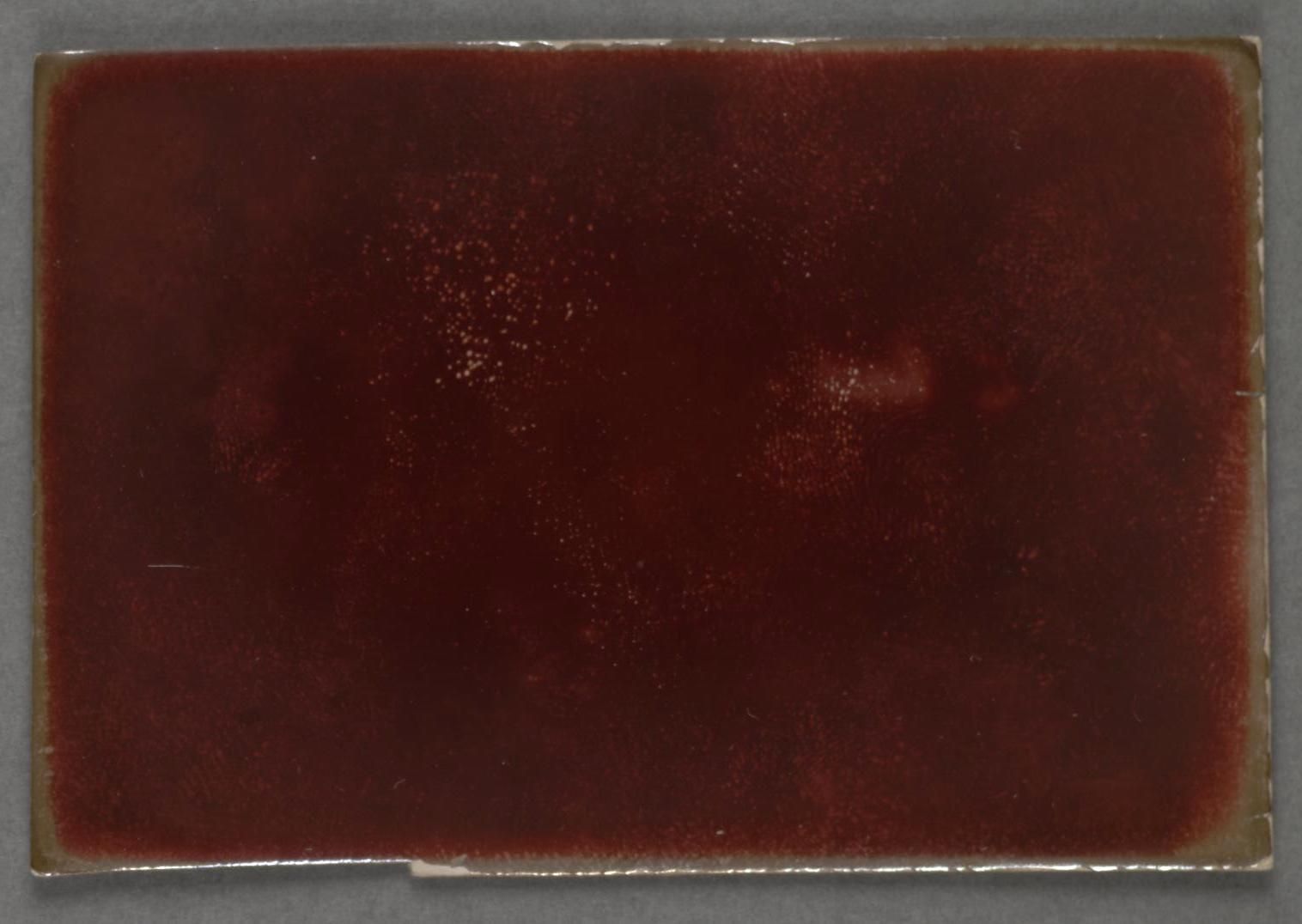 Close-up of a burgundy tile with a textured surface and a light border, set against a gray background.