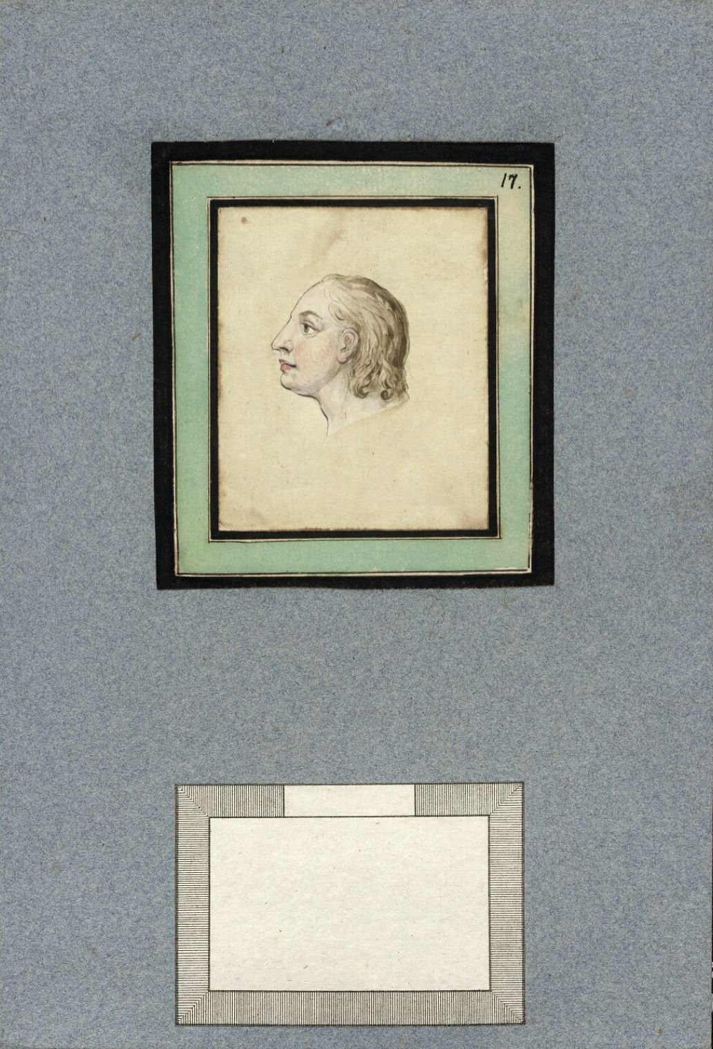 A page from a sketchbook with a framed sketch of a man's head in profile and a blank rectangular space below.