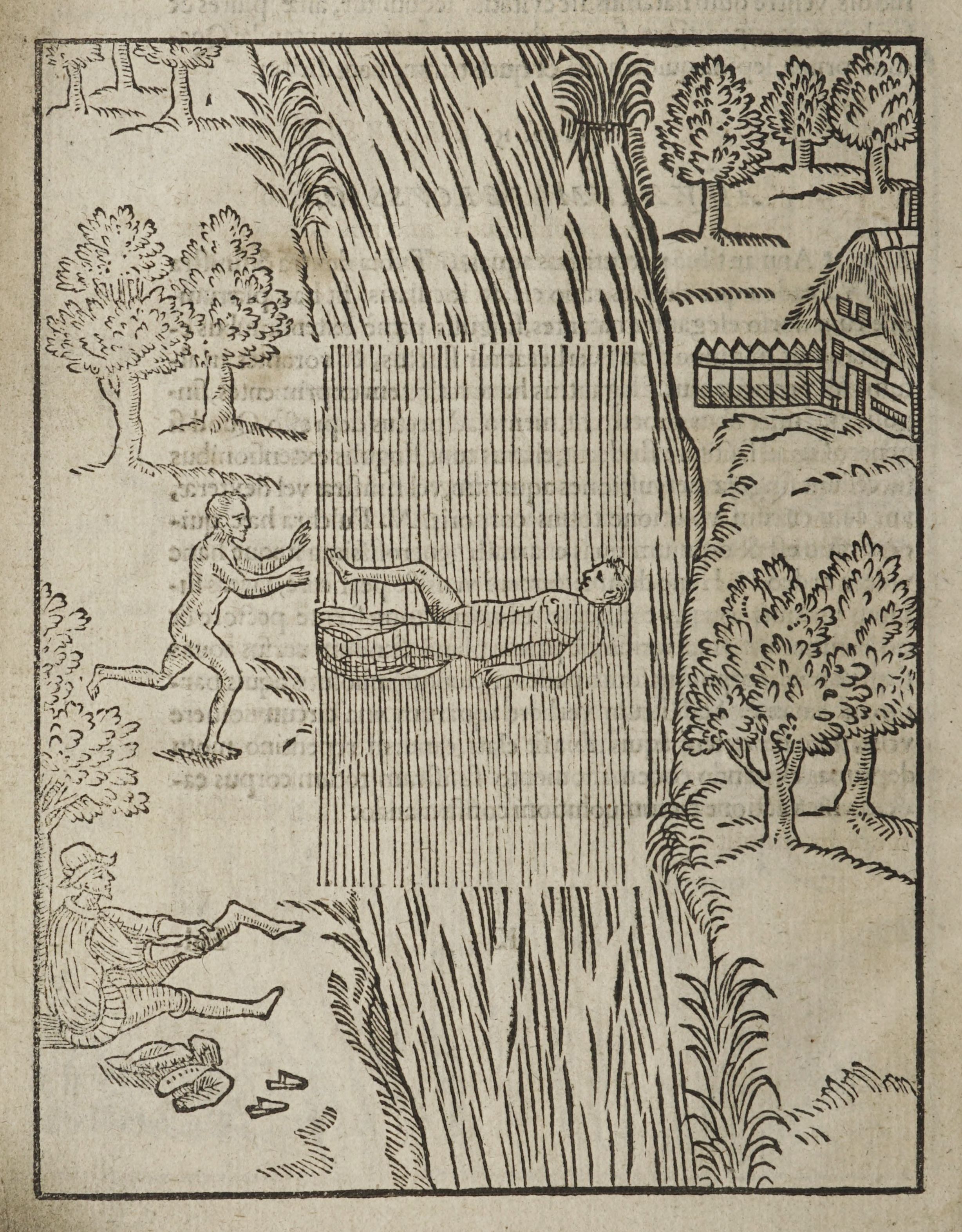 A black and white woodcut illustration depicting two figures tumbling down a grassy slope, with a third figure running towards them. Trees and a building are visible in the background.