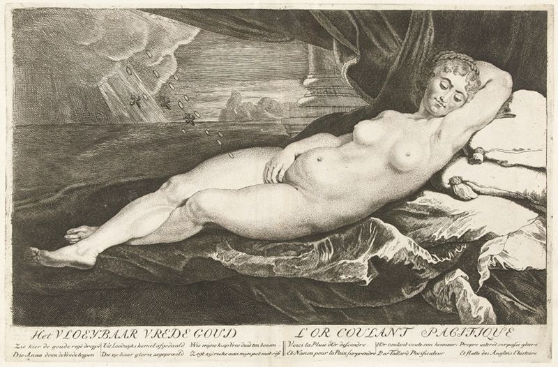 Black and white engraving of a reclining nude woman on a bed with a curtain in the background.