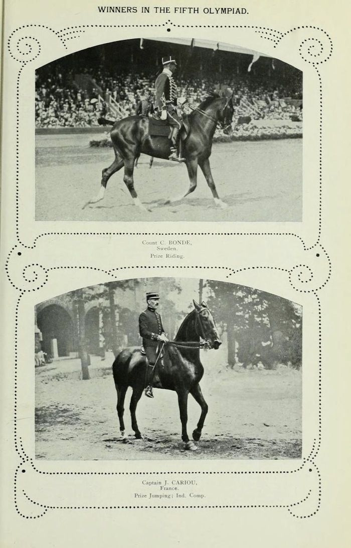 Vintage photograph of two horse and rider pairs, labeled as winners in the Fifth Olympiad, with details of their respective prizes in riding and jumping competitions.