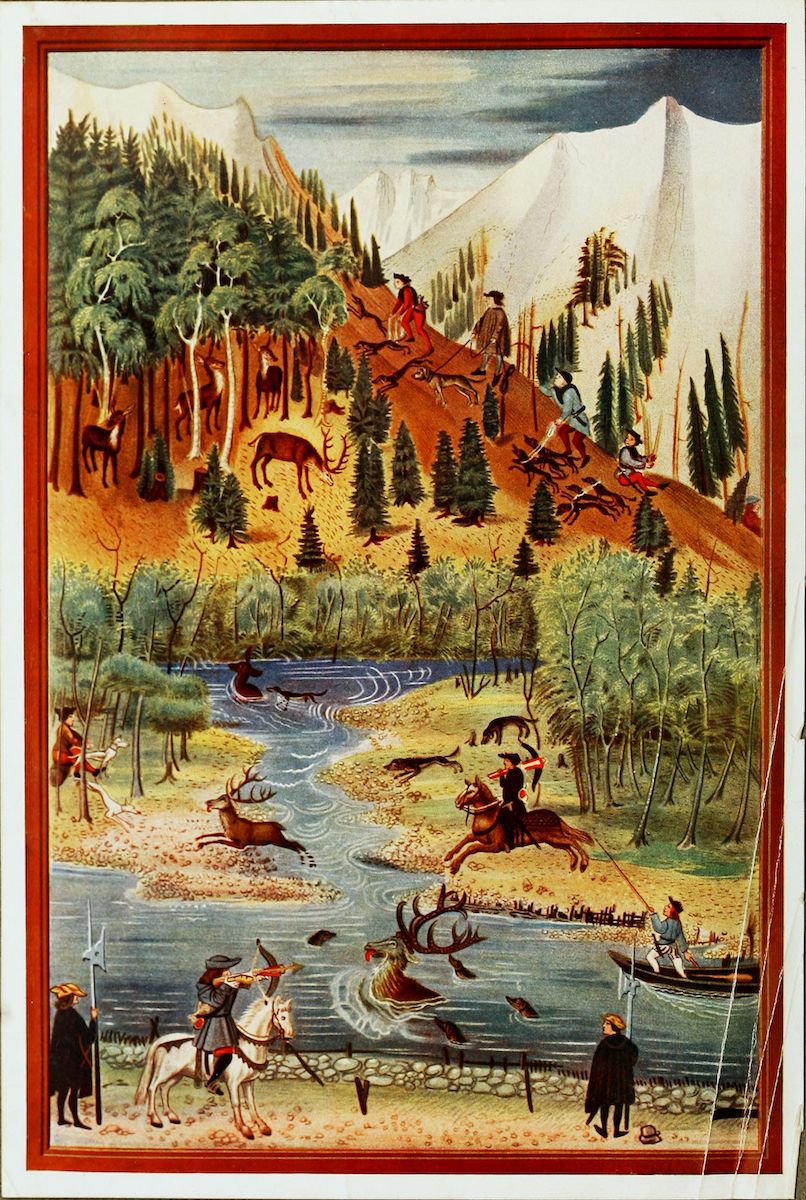A vintage painting depicting a hunting scene in a mountainous landscape.