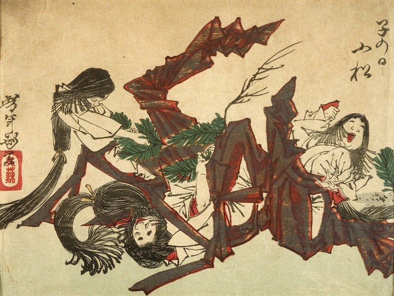 A Japanese woodblock print depicting a large bat attacking people.